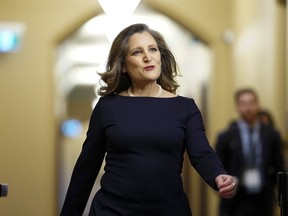Finance Minister Chrystia Freeland arrives for a cabinet meeting on Parliament Hill in Ottawa prior to introducing the federal budget on Tuesday, April 16, 2024.