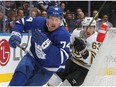 Bobby McMann #74 of the Toronto Maple Leafs skates against Brad Marchand #63 of the Boston Bruins during the second period in an NHL game at Scotiabank Arena on March 4, 2024 in Toronto, Ontario, Canada.
