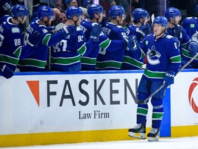 Brock Boeser is congratulated after scoring his career-high 40th goal of the season on April 8.