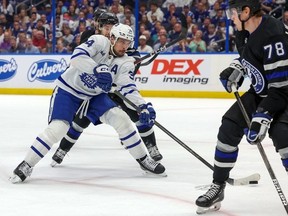 Auston Matthews #34 of the Toronto Maple Leafs shoots against the Tampa Bay Lightning during the first period at the Amalie Arena on April 17, 2024 in Tampa, Florida.