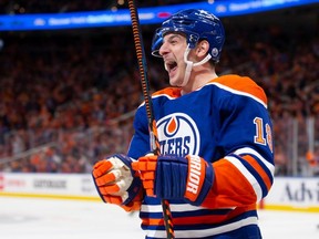 EDMONTON, CANADA - APRIL 22: Zach Hyman #18 of the Edmonton Oilers celebrates a goal against the Los Angeles Kings during the second period in Game One of the First Round of the 2024 Stanley Cup Playoffs at Rogers Place on April 22, 2024, in Edmonton, Canada.