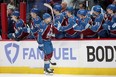 DENVER, COLORADO - APRIL 26: Nathan MacKinnon #29 of the Colorado Avalanche celebrates with his teammates after scoring against the Winnipeg Jets in the third period during Game Three of the First Round of the 2024 Stanley Cup Playoffs at Ball Arena on April 26, 2024 in Denver, Colorado. (Photo by Matthew Stockman/Getty Images)