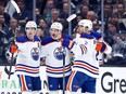 Ryan Nugent-Hopkins, Zach Hyman, Leon Draisaitl and Evan Bouchard of the Edmonton Oilers celebrate a power play goal against the Los Angeles Kings in the second period during Game Four of the First Round of the 2024 Stanley Cup Playoffs at Crypto.com Arena on April 28, 2024 in Los Angeles, California.