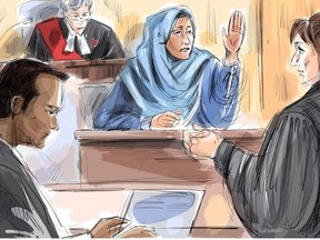 From left to right: Umar Zameer, Justice Anne Molloy, Aaida Shaikh and Crown Karen Simone are shown in this courtroom sketch on Tuesday, April 2, 2024. (The Canadian Press, Alexandra Newbould)