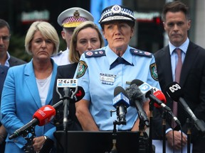 New South Wales Police Commissioner Karen Webb speaks during a press conference at Westfield Bondi Junction in Bondi Junction, Australia, Sunday, April 14, 2024. Six victims, plus the offender, who was shot by police at the scene, are dead following a stabbing attack at a shopping centre on Saturday.