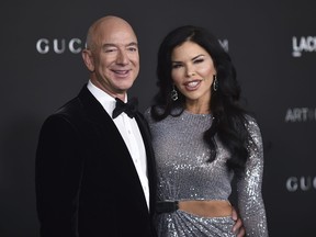 Jeff Bezos and Lauren Sanchez arrive at the LACMA Art + Film Gala on Saturday, Nov. 6, 2021, at the Los Angeles County Museum of Art.