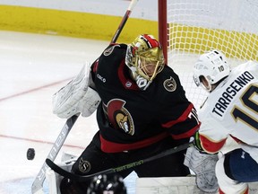 Panthers’ Vladimir Tarasenko ries to score against Senators’ goaltender Joonas Korpisalo at Canadian Tire Centre last night.