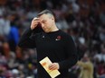 Toronto Raptors head coach Darko Rajakovic reacts during the first half against the Miami Heat, Sunday, April 14, 2024, in Miami.