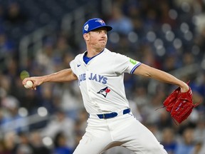 Blue Jays pitcher Chris Bassitt delivers during the first inning against the New York Yankees in Toronto on Monday, April 15, 2024.