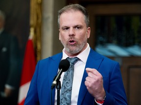 Mark Holland, Minister of Health, speaks to reporters in the Foyer of the House of Commons on Parliament Hill in Ottawa, on Wednesday, March 20, 2024.