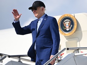 U.S. President Joe Biden boards Air Force One at Pittsburgh International Airport in Pittsburgh, on Wednesday, April 17, 2024, as he returns to the White House.