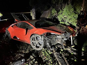 This Lamborghini Huracan was a total write-off after a 13-year-old driver lost control and crashed into a ditch along the Trans-Canada Highway in West Vancouver. The teen and a friend were uninjured in the March 25, 2024, single-vehicle collision, say West Van police.