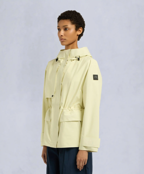 model wears yellow moose knuckles Laurier Rain Jacket