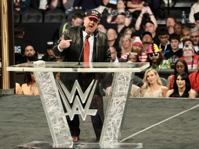 World Wrestling Entertainment Hall of Fame class of 2024 inductee Paul Heyman, wearing his Extreme Championship Wrestling gear that he made famous in the 1990s and early 2000s, delivers an impassioned acceptance speech at the Wells Fargo Center in Philadelphia, Pa., on Friday, April 5, 2024 as part of WrestleMania 40 weekend.