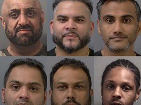Arrested so far in connection with Project 24K are: (top row from left to right) Air Canada employee Parmpal Sidhu, 54, of Brampton, Amit Jalota, 40, of Oakville, Ammad Chaudhary, 43, of Georgetown, (bottom row from left to right) Ali Raza, 37, of Toronto, Prasath Paramalingam, 35, of Brampton, and Durante King-Mclean, a 25-year-old man from Brampton, who is currently in custody in the U.S.