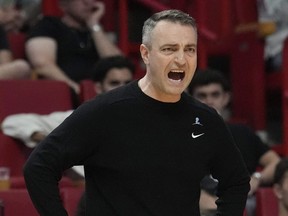 Toronto Raptors head coach Darko Rajakovic reacts during the first half of an NBA basketball game against the Miami Heat, Friday, April 12, 2024, in Miami.