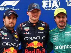 Sergio Perez of Mexico and Oracle Red Bull Racing, Max Verstappen of Oracle Red Bull Racing and The Netherlands and Fernando Alonso of Aston Martin and Spain during Qualifying ahead of the F1 Grand Prix of China at Shanghai International Circuit on April 20, 2024 in Shanghai, China.