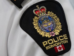 An Edmonton Police Service shoulder badge is shown in Edmonton on Aug. 1, 2023.