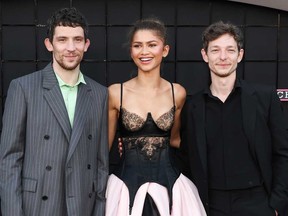 Josh O'Connor, left, Zendaya, centre, and Mike Faist attend the premiere of Amazon MGM Studios' "Challengers" at Westwood Village Theater on April 16, 2024 in Los Angeles, Calif.