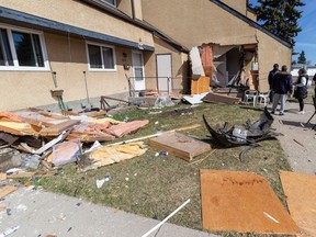 Edmonton police are investigating what led a driver to crash through the front entrance of a townhouse unit Sunday morning, damaging a wall and second unit as well near Heritage Road and 40 Street, around 8:40 a.m on Sunday, April 14, 2024 in Edmonton.