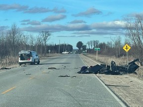 The OPP are investigating a crash near Dundalk, Ont., on Sunday, March 31, 2024, after eight people were hospitalized when a minivan collided with a horse and buggy.