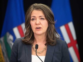 Alberta Premier Danielle Smith speaks about proposed legislation addressing agreements between the federal government and provincial entities, in Edmonton on Wednesday, April 10, 2024.