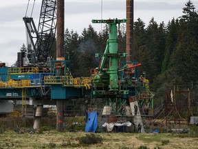 A trestle bridge being constructed to support cryogenic pipes that will transfer liquefied natural gas from storage to ships at berth is seen in Kitimat, B.C., on Wednesday, Sept. 28, 2022.