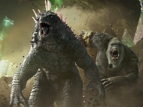 This image released by Warner Bros. Pictures shows Godzilla, left, and Kong in a scene from "Godzilla x Kong: The New Empire."
