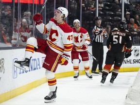 Calgary Flames centre Connor Zary celebrates his goal against the Anaheim Ducks at the Honda Center in Anaheim on Friday, April 12, 2024.