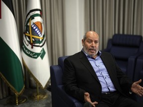 Khalil al-Hayya, a high-ranking official with the Palestinian militant group, who has represented it in negotiations for a ceasefire and hostage exchange deal, speaks during an interview for The Associated Press, in Istanbul, Turkey, Wednesday, April 24, 2024.