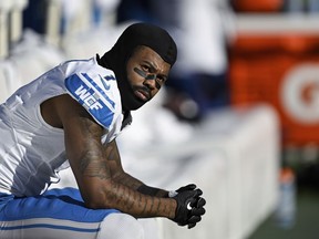 Detroit Lions cornerback Cameron Sutton (1) looks on from the sideline during the second half of an NFL football game against the Baltimore Ravens, Oct. 22, 2023, in Baltimore. A Florida sheriff's department on Wednesday, March 20, 2024, said it has a domestic violence warrant seeking the arrest of Sutton and asked for public help in finding him.