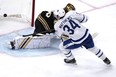 Maple Leafs' Auston Matthews beats Boston Bruins goaltender Linus Ullmark for a goal during the third period of Game 2 of their first-round playoff series, Monday, April 22, 2024, in Boston.