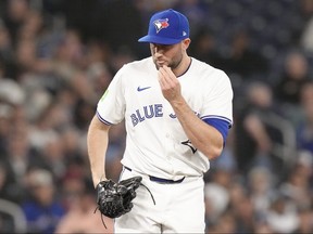 Toronto Blue Jays pitcher Tim Mayza reacts during ninth inning American League MLB baseball action against the New York Yankees in Toronto on Wednesday, April 17, 2024.