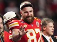 Kansas City Chiefs tight end Travis Kelce (87) waves after winning the Super Bowl this year.
