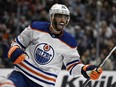 Edmonton Oilers left wing Evander Kane celebrates a goal against the Anaheim Ducks during the second period of an NHL hockey game in Anaheim, Calif., Friday, Feb. 9, 2024.