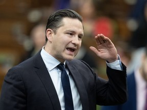Conservative Leader Pierre Poilievre rises during Question Period, Wednesday, April 17, 2024 in Ottawa. The federal Conservatives are pushing the Liberals to end allowing drug use in public places after British Columbia announced it wants to scale back its pilot on decriminalization.