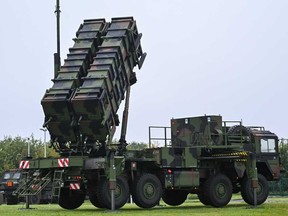 A Patriot missile system is pictured during the German Chancellor's visit at the military part of the airport in Cologne-Wahn, western Germany, where he attended a demonstration of the German army's Homeland Defence Command, on Oct. 23, 2023.