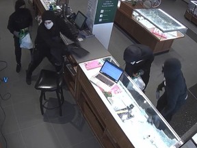 Five bandits were captured on security video as they burst into a jewelry store near Danforth and Pape Aves. armed with pepper spray, smashed display cases with hammers and fled in a stolen vehicle with an undisclosed amount of merchandise on Monday, April 22, 2024.