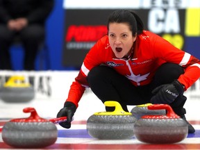 Team Canada's skip Kerri Einarson during the morning draw narrowly beating British Columbia's Brown team at the Scotties Tournament of Hearts in Calgary on Monday, Feb. 19, 2024.