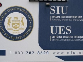 Ontario's police watchdog is investigating after a Toronto Police officer was stabbed and the suspect was shot in the city's west end. The logo of the Ontario Special Investigations Unit is pictured in Toronto on April 12, 2024. (The Canadian Press/Arlyn McAdorey)