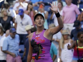 Garbine Muguruza of Spain waves to fans after defeating Linda Fruhvirtova, of the Czech Republic, during the second round of the U.S. Open tennis championships, Thursday, Sept. 1, 2022, in New York.