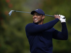 Tiger Woods tees off on the fourth hole during the second round of the Genesis Invitational golf tournament at Riviera Country Club.
