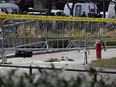 Fire extinguishers (right) is left at the park across from Manhattan Criminal Court in New York City after a man reportedly set himself on fire during the trial of former U.S. president Donald Trump, in New York City on April 19, 2024.