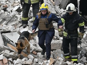 Ukrainian rescuers work with a search dog among the rubble of a destroyed building following a missile attack in Chernigiv on April 17, 2024.