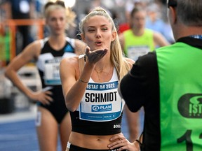 Germany's Alica Schmidt blows a kiss to the camera during a competition.
