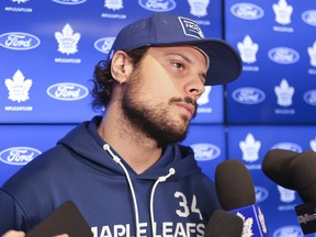 Toronto Maple Leafs' Auston Matthews speaks to the media at the Ford Performance Centre on locker cleanup day.