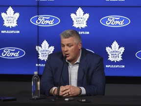 Toronto Maple Leafs head coach Sheldon Keefe speaks to the media at the Ford Performance Centre on locker cleanup day.