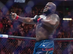 Derrick Lewis celebrates his win at UFC Fight Night in St. Louis.