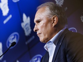 Maple Leafs coach Craig Berube speaks at a news conference.