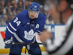 Auston Matthews of the Toronto Maple Leafs waits for a faceoff on a power play against the Boston Bruins in Game 3 of the First Round of the 2024 Stanley Cup Playoffs at Scotiabank Arena on April 24, 2024, in Toronto.
